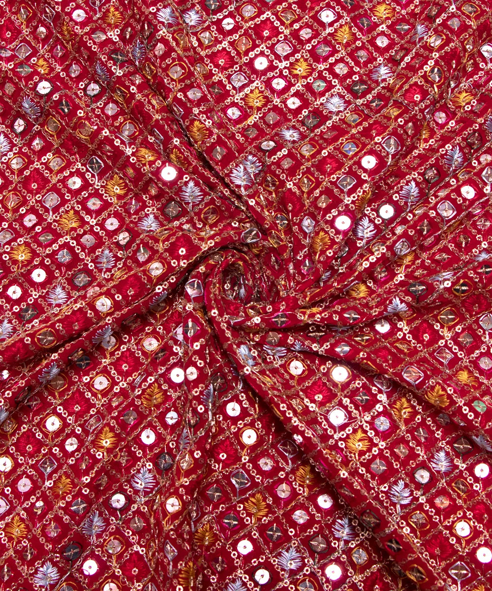 Red Colour Thread Embroidery Georgette Fabric