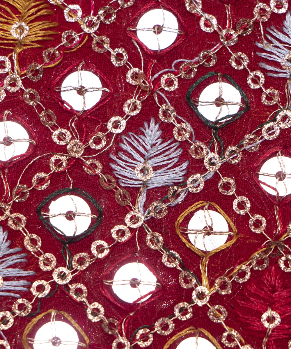Red Colour Thread Embroidery Georgette Fabric