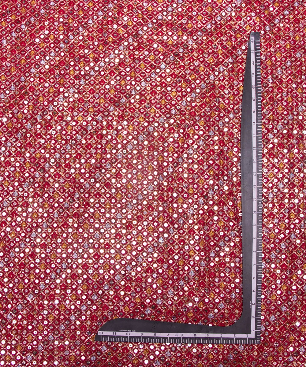 Red Colour Thread Embroidery Georgette Fabric