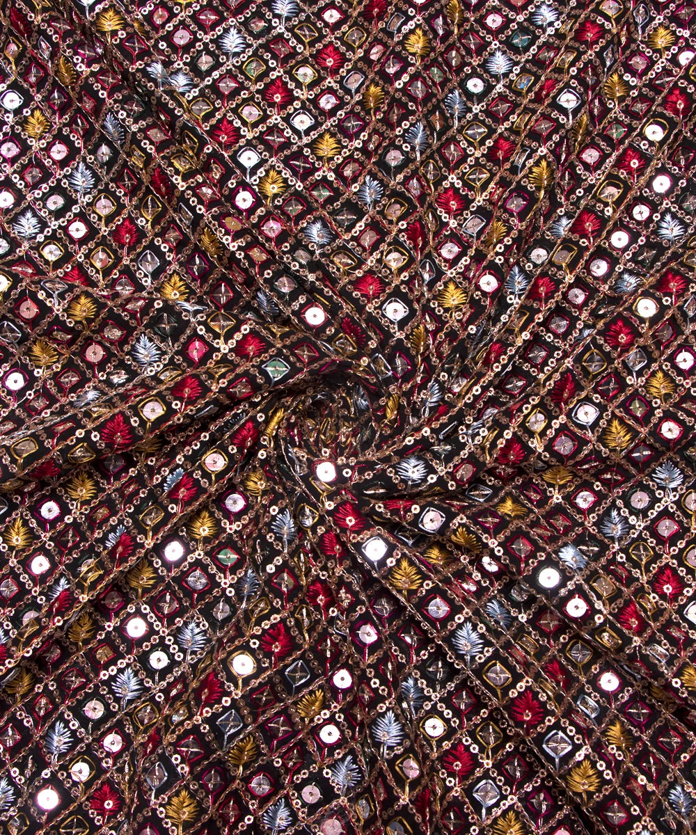 Black Colour Thread Embroidery Georgette Fabric