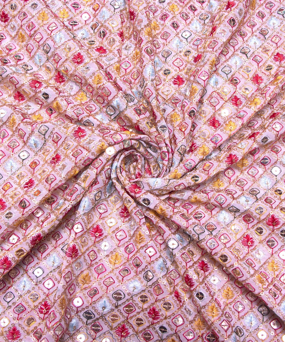 White Colour Thread Embroidery Georgette Fabric