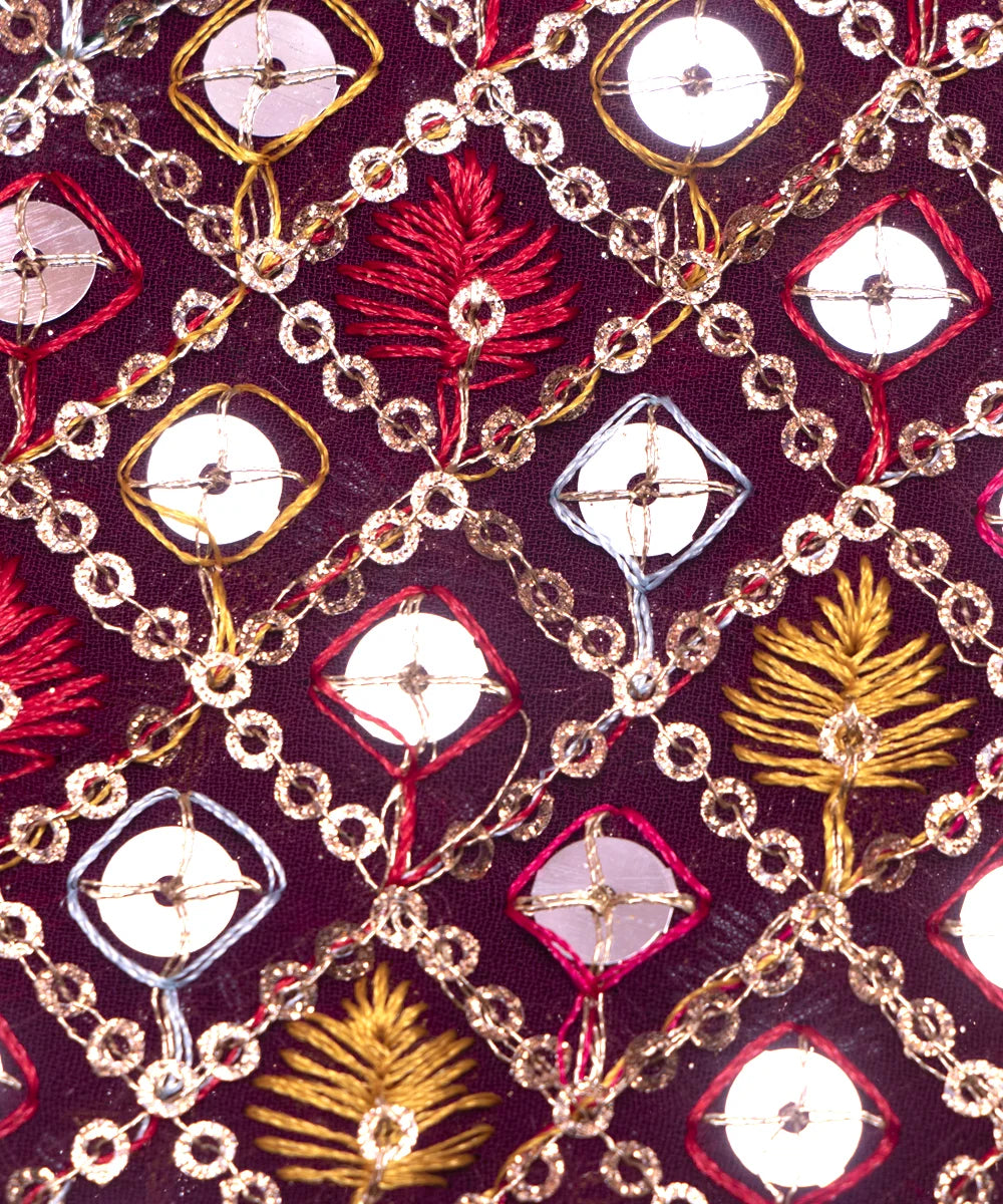 Wine Colour Thread Embroidery Georgette Fabric