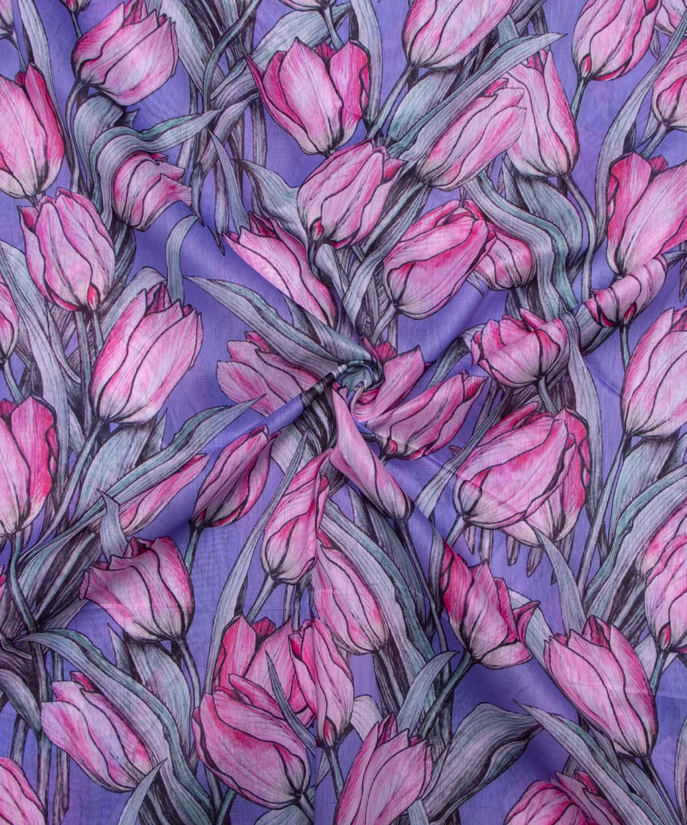 Lavender Colour Floral Print Chanderi Silk Fabric