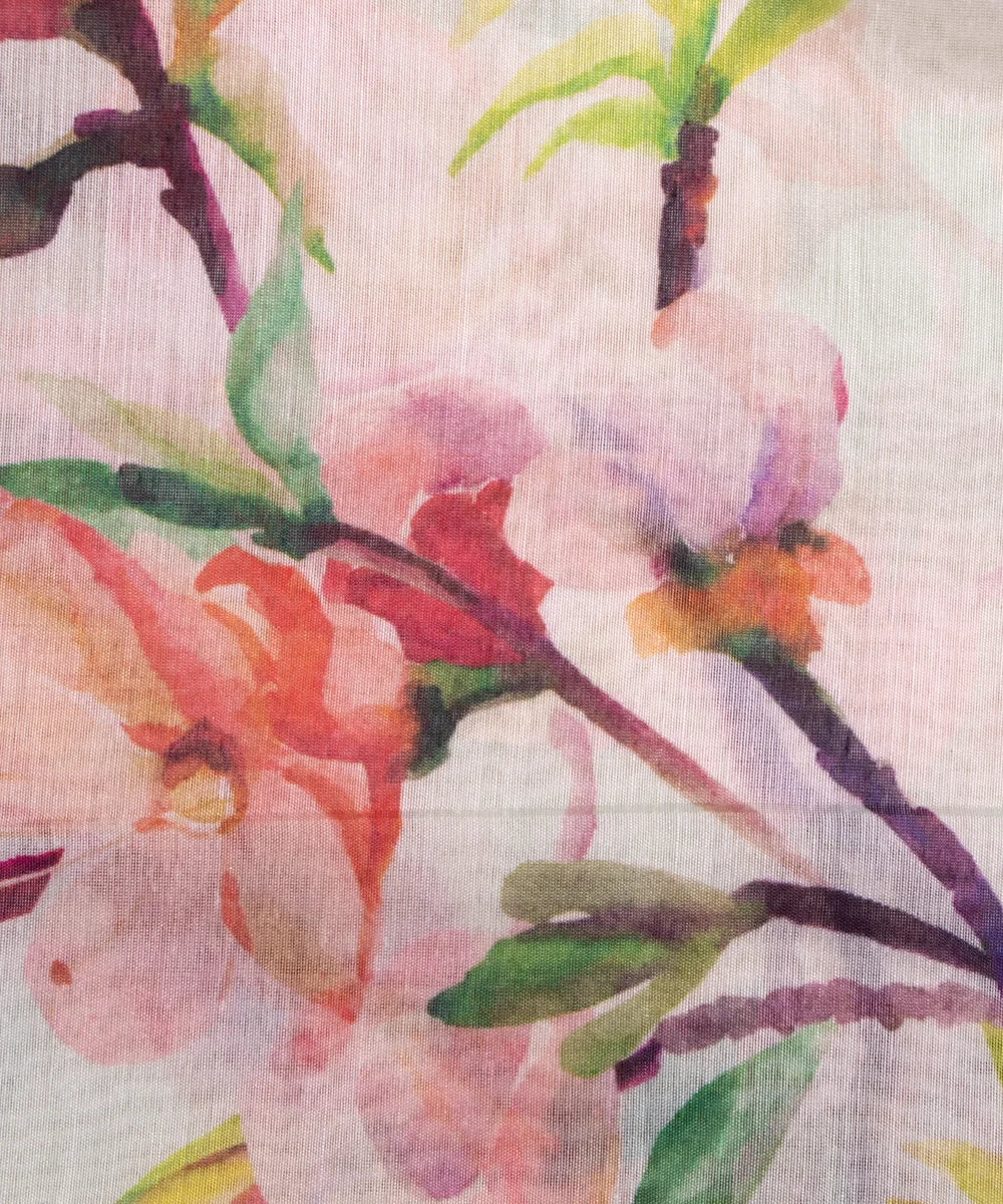 Light Mint Colour Floral Print Chanderi Silk Fabric