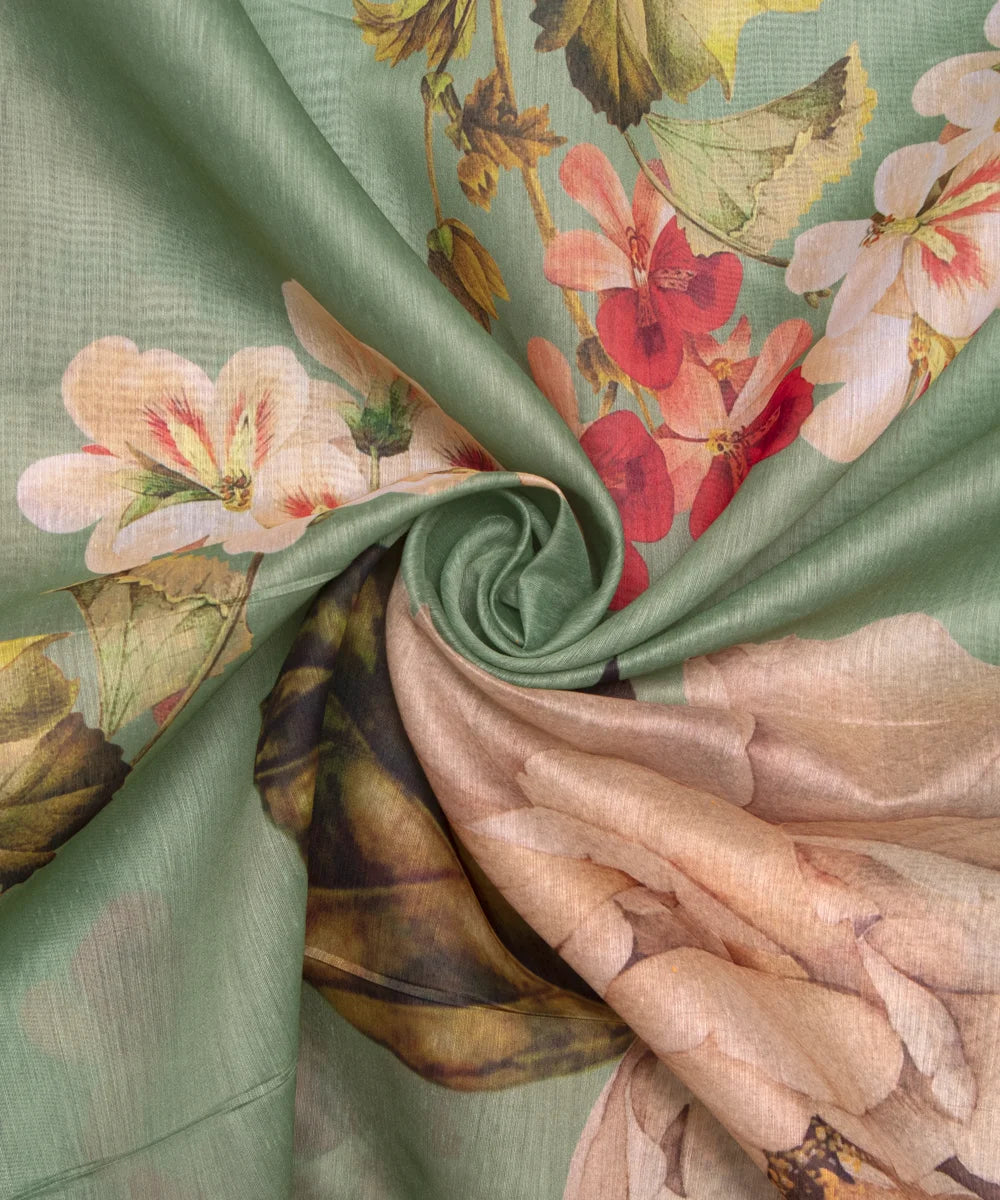 Sea Green Colour Floral Print Chanderi Silk Fabric