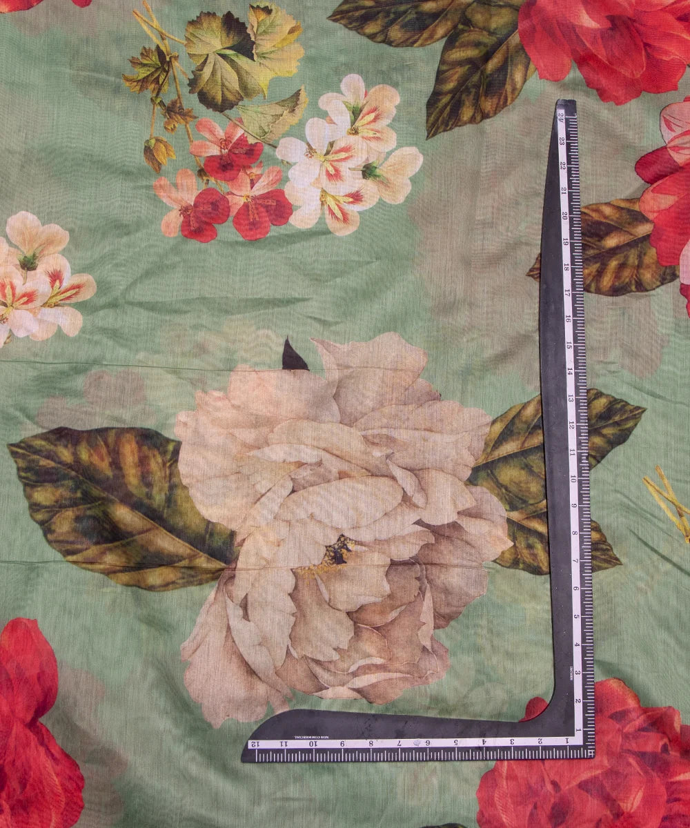 Sea Green Colour Floral Print Chanderi Silk Fabric