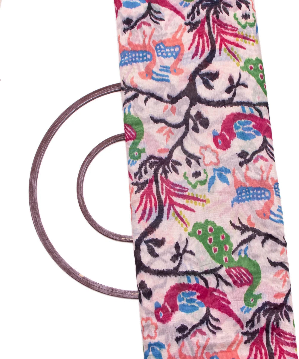 White Colour Bird Print Chanderi Silk Fabric
