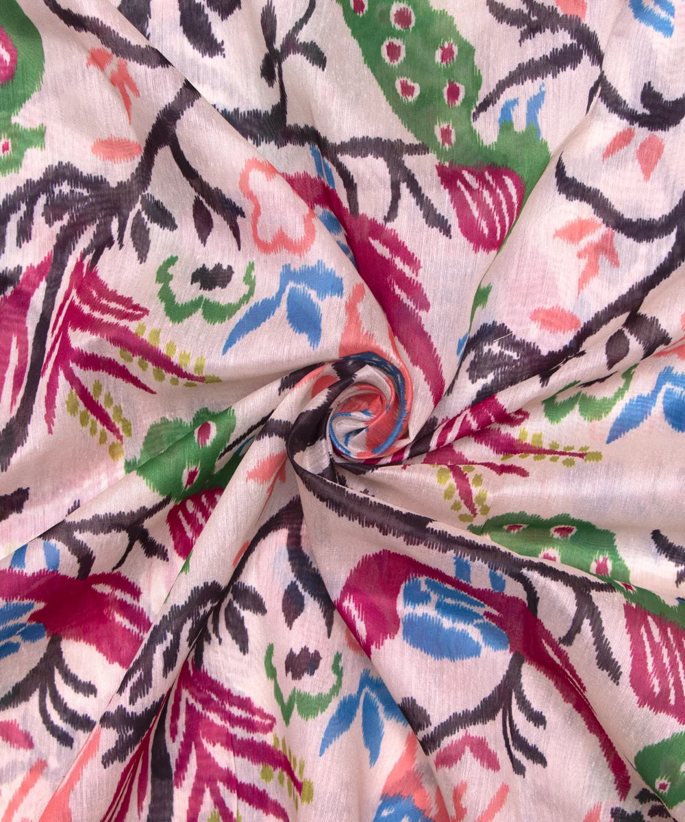 White Colour Bird Print Chanderi Silk Fabric