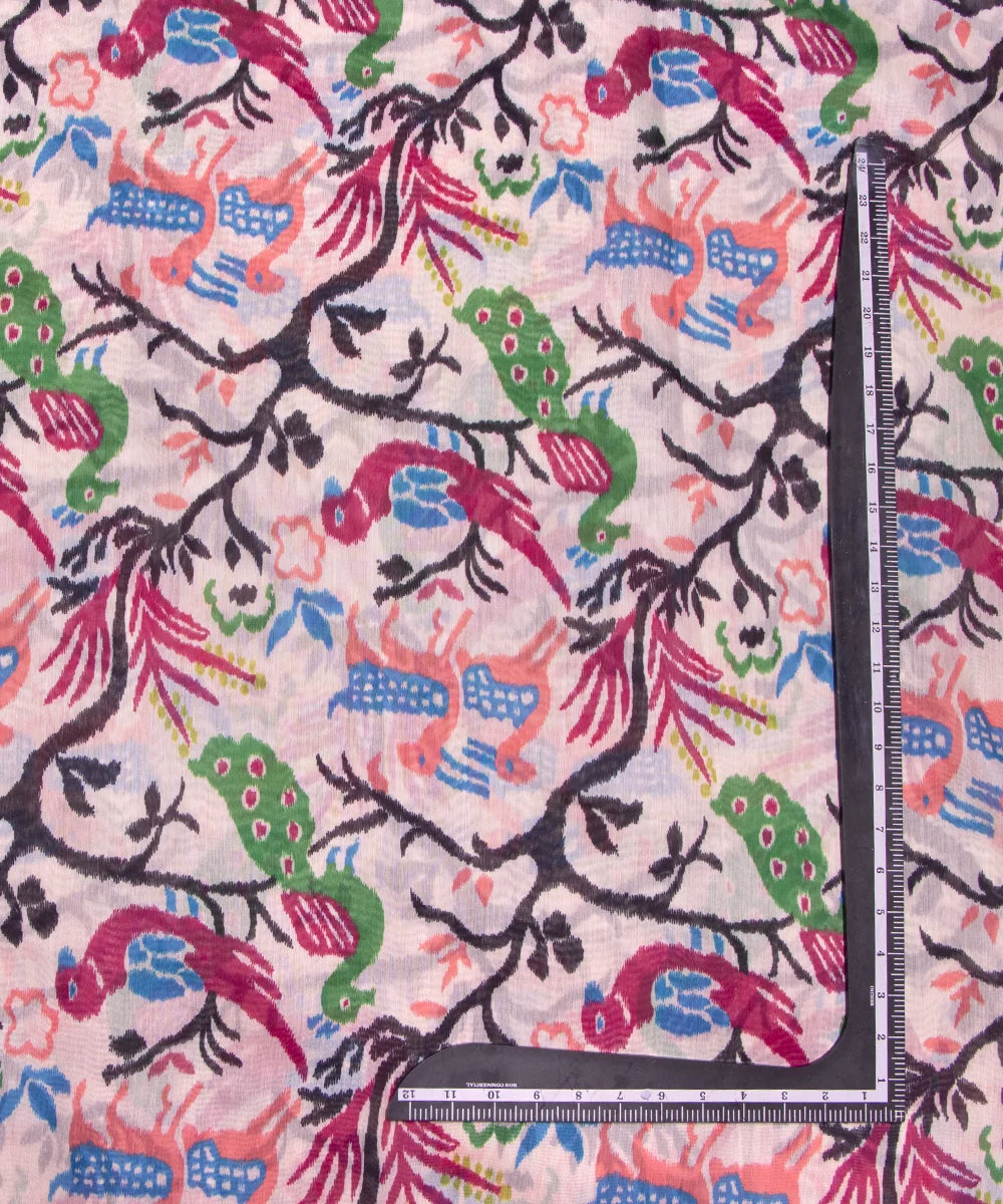 White Colour Bird Print Chanderi Silk Fabric