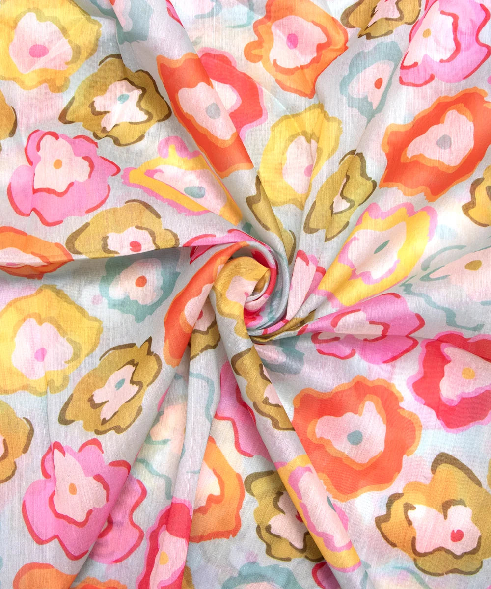 Multi Colour Floral Print Chanderi Silk Fabric