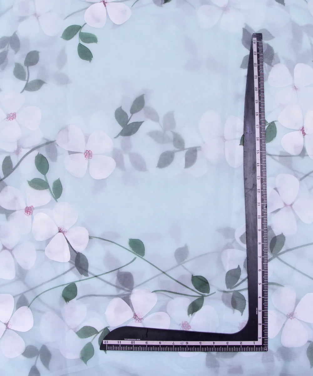 Light Blue Colour Floral Pattern Hand Paint Organza  Fabric