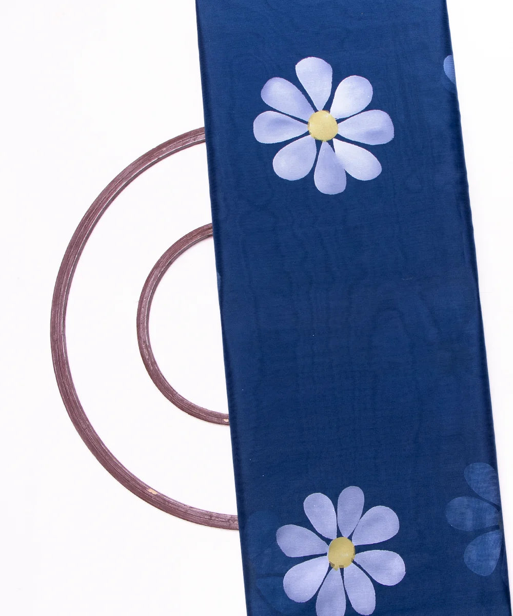 Teal Blue Colour Floral Pattern Hand Paint Organza  Fabric