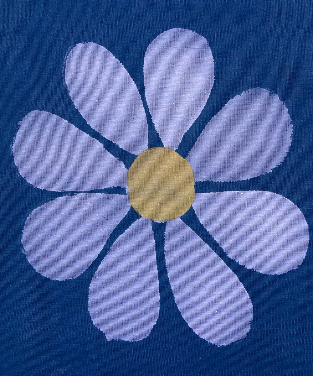 Teal Blue Colour Floral Pattern Hand Paint Organza  Fabric