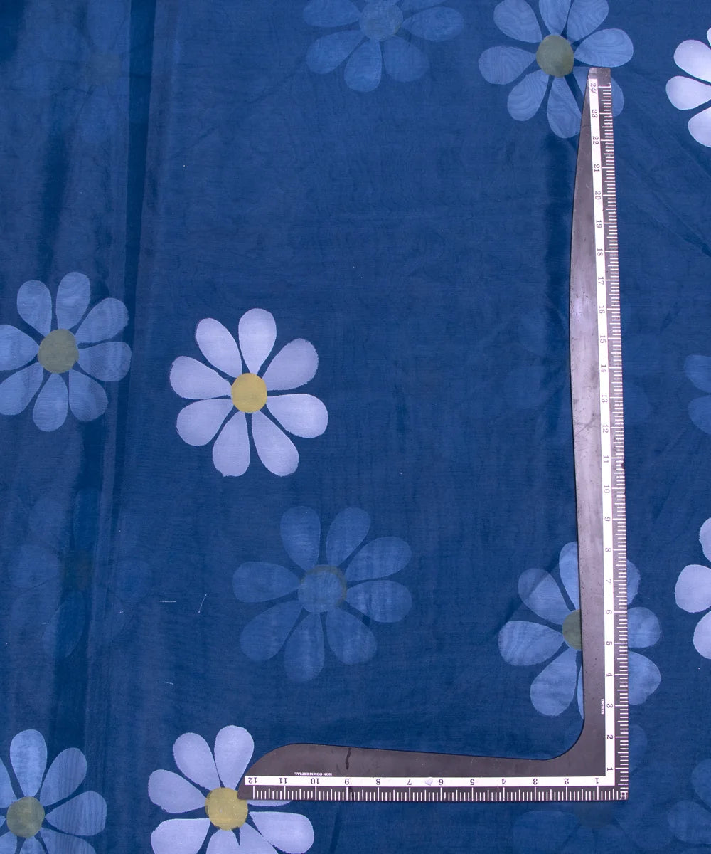 Teal Blue Colour Floral Pattern Hand Paint Organza  Fabric