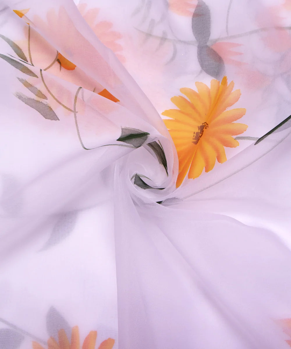 White Colour Floral Pattern Hand Paint Organza  Fabric