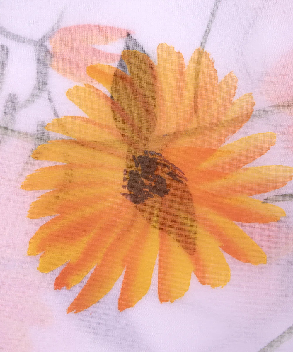 White Colour Floral Pattern Hand Paint Organza  Fabric