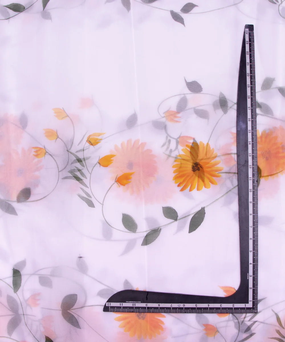 White Colour Floral Pattern Hand Paint Organza  Fabric