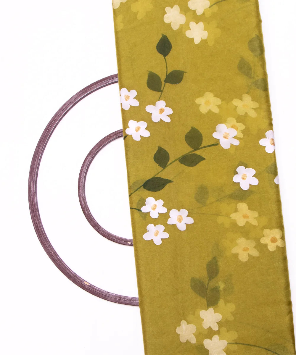 Mehandi Green Colour Floral Pattern Hand Paint Organza  Fabric