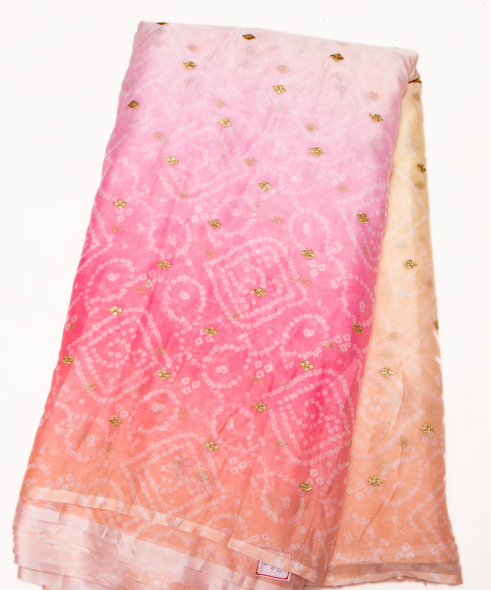Pink Bandhani Embroidery Digital Print Chiffon Fabric