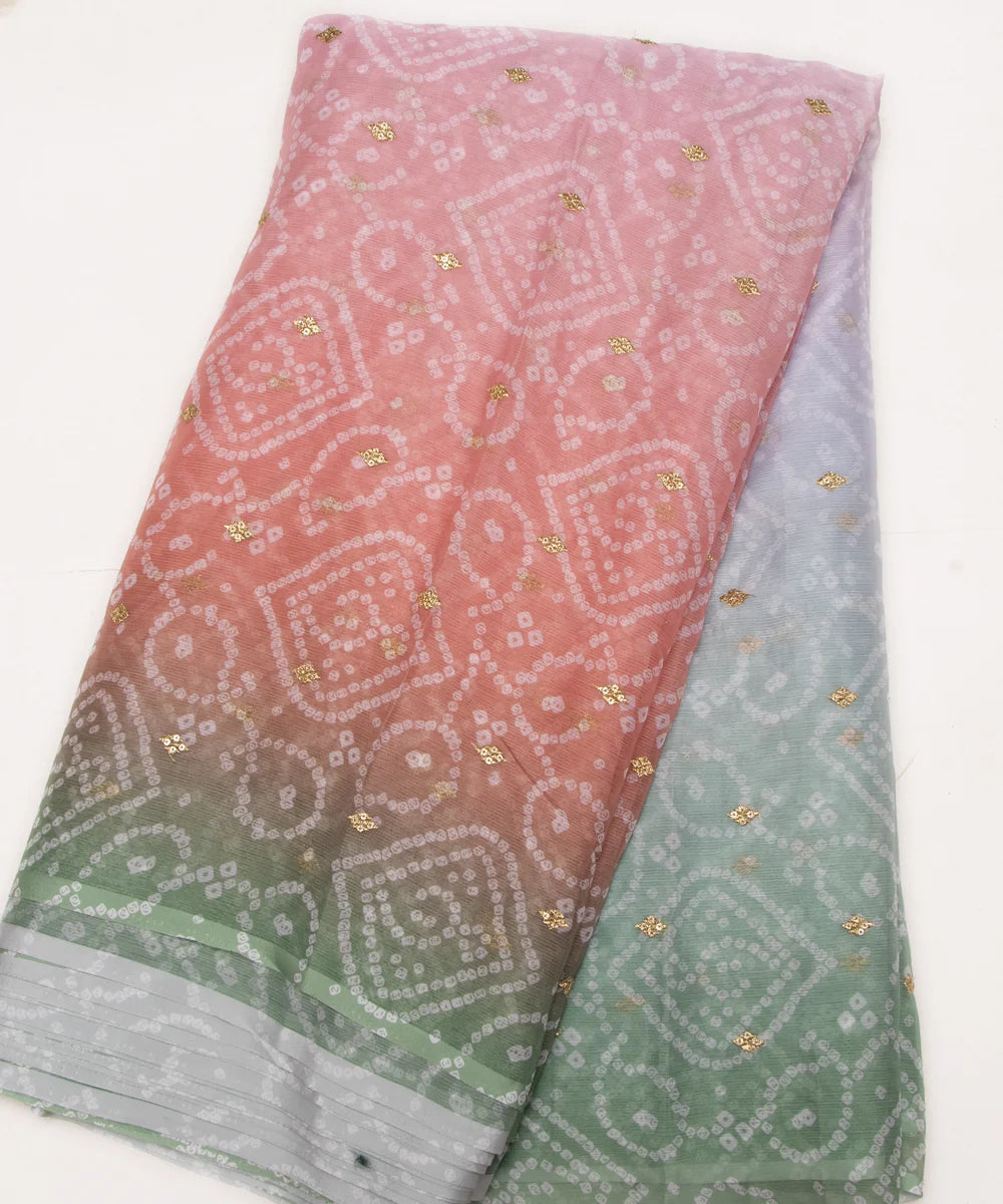 Green Bandhani Embroidery Digital Print Chiffon Fabric