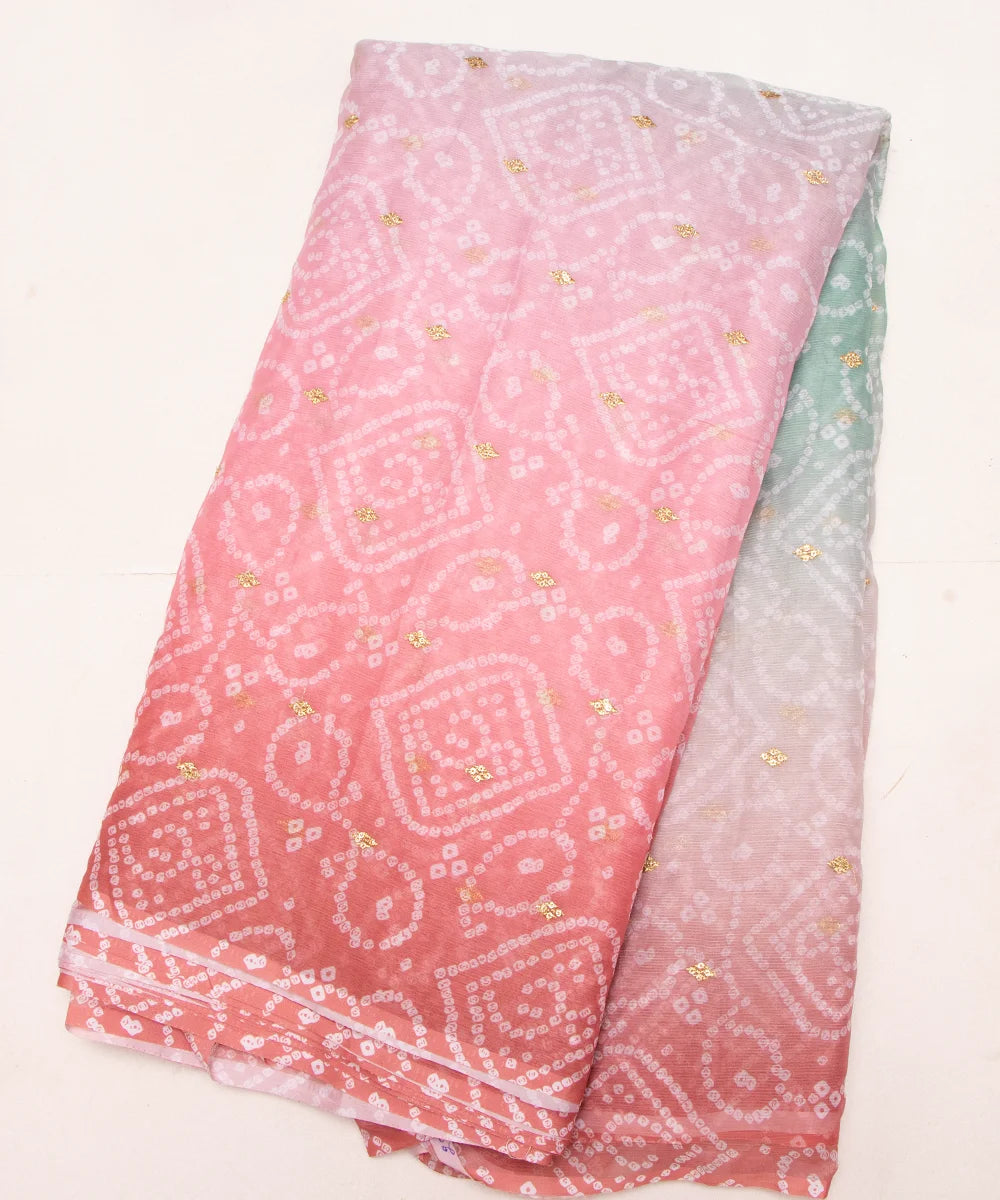 Light Green Bandhani Embroidery Digital Print Chiffon Fabric