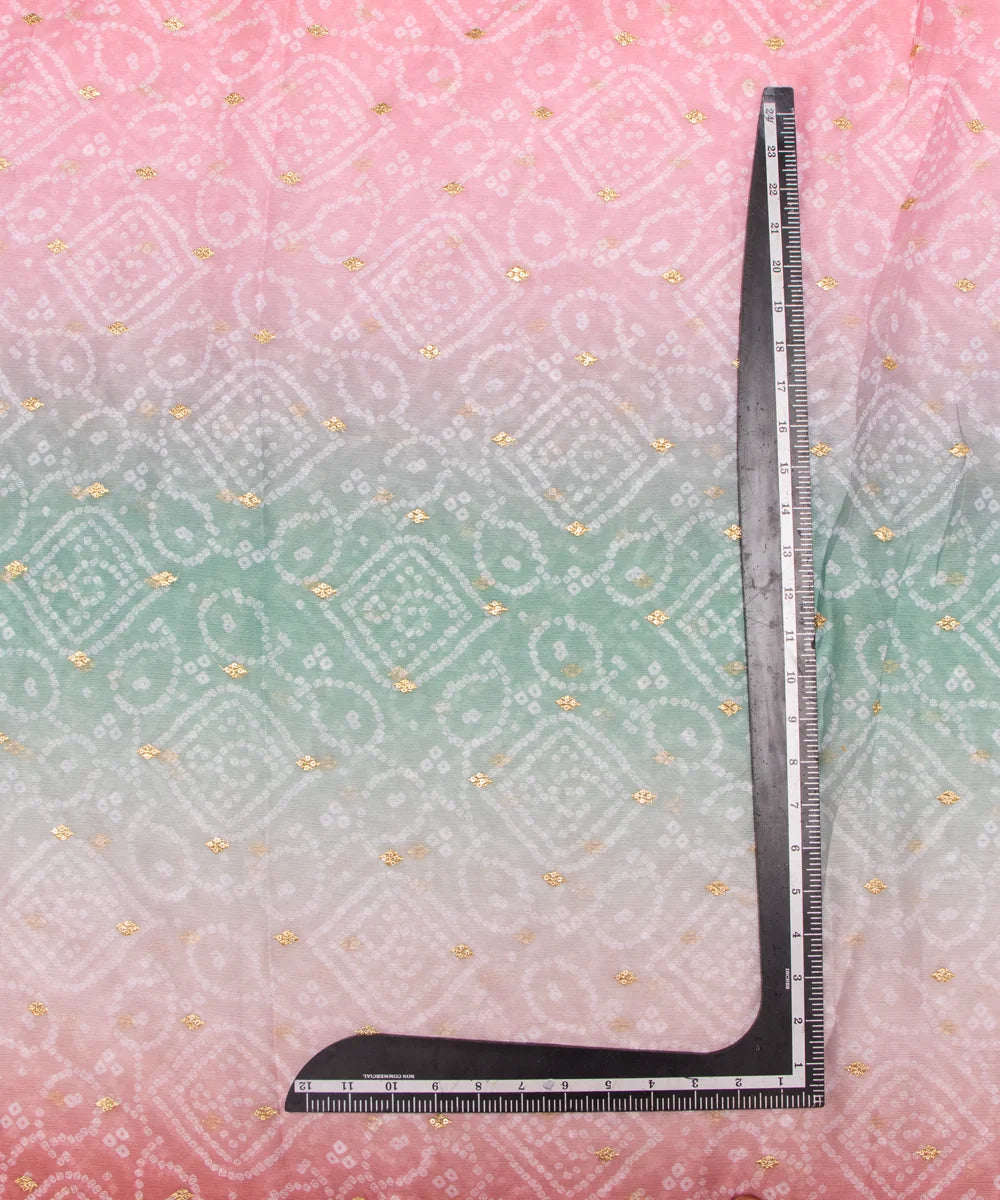 Light Green Bandhani Embroidery Digital Print Chiffon Fabric