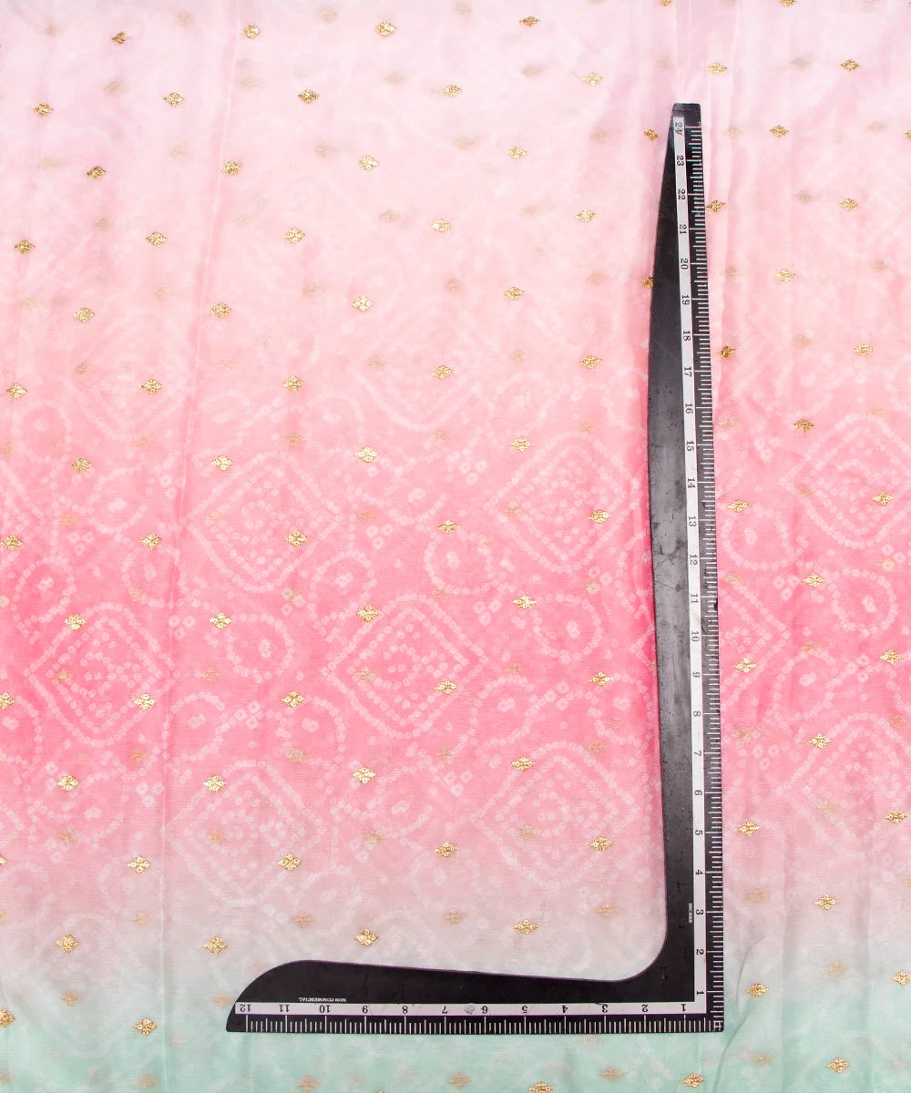 Green Bandhani Embroidery Digital Print Chiffon Fabric