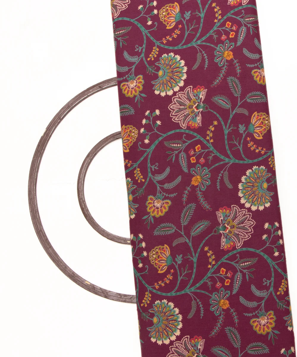 Dark Mauve Floral Pattern  Screen Printed Cotton Fabric