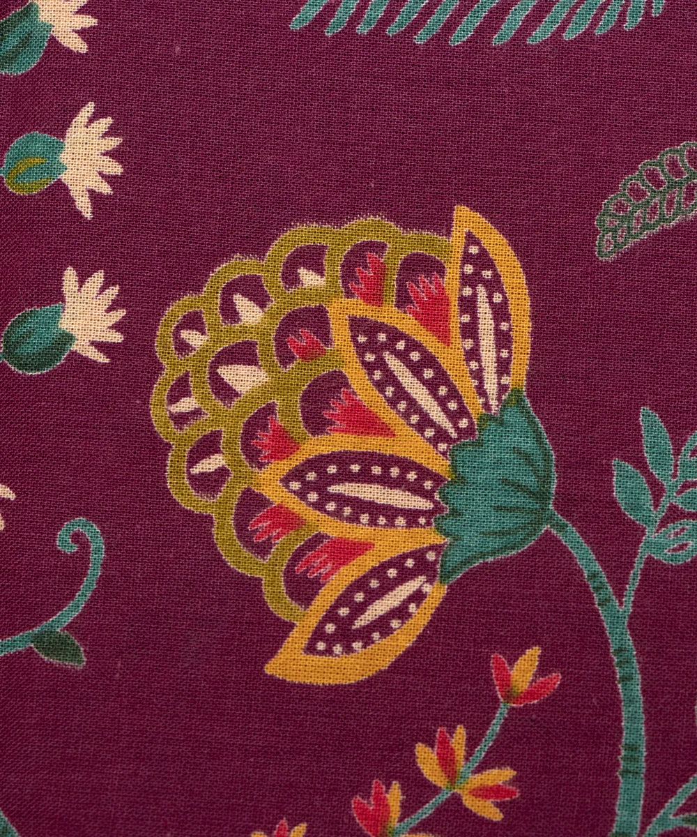 Dark Mauve Floral Pattern  Screen Printed Cotton Fabric