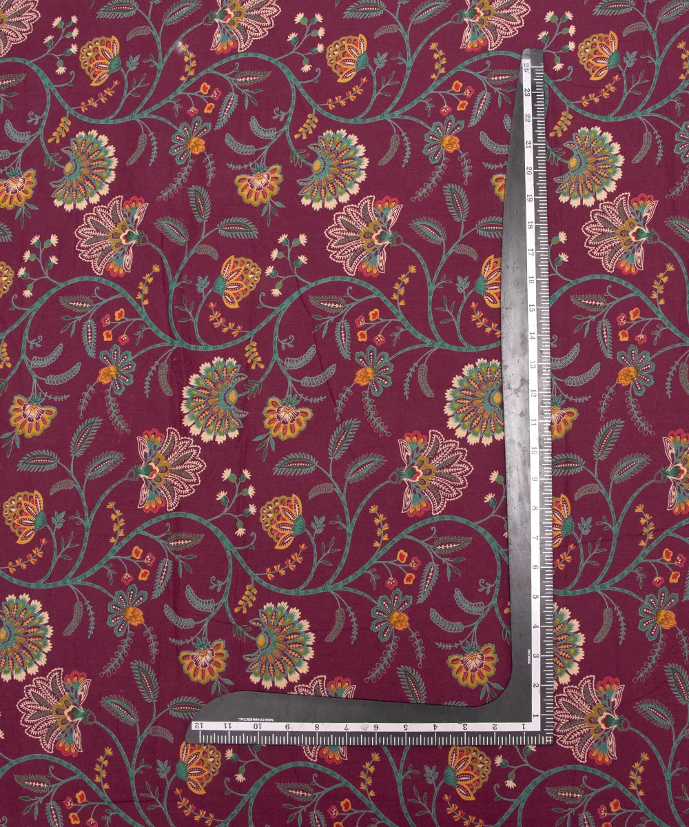 Dark Mauve Floral Pattern  Screen Printed Cotton Fabric