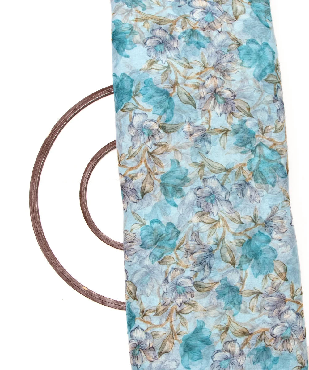 Sea Green Colour Floral Print Chiffon Fabric