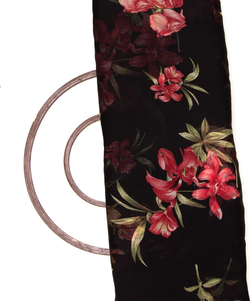 Black Colour Floral Print Chiffon Fabric