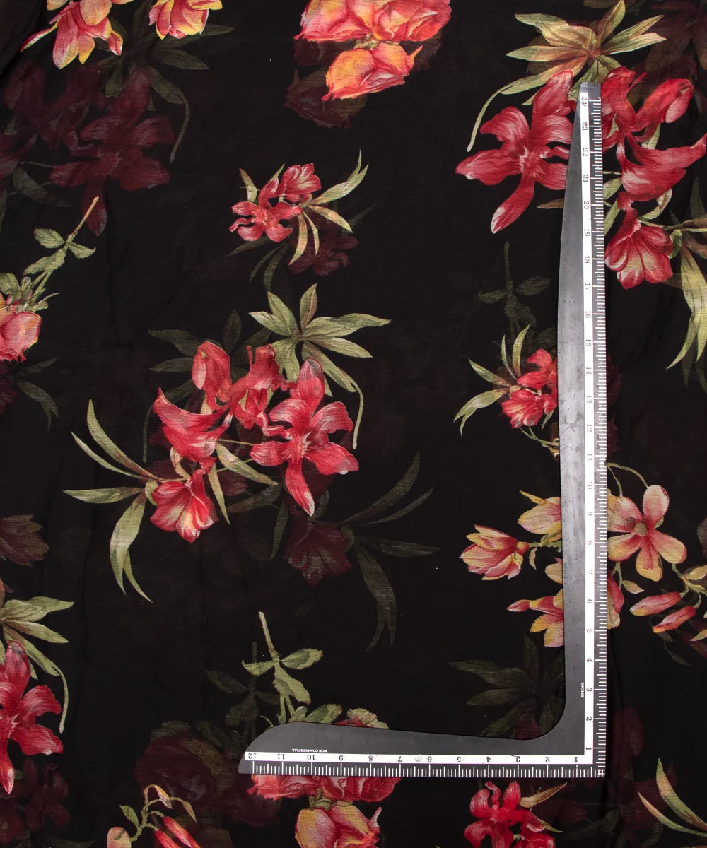 Black Colour Floral Print Chiffon Fabric