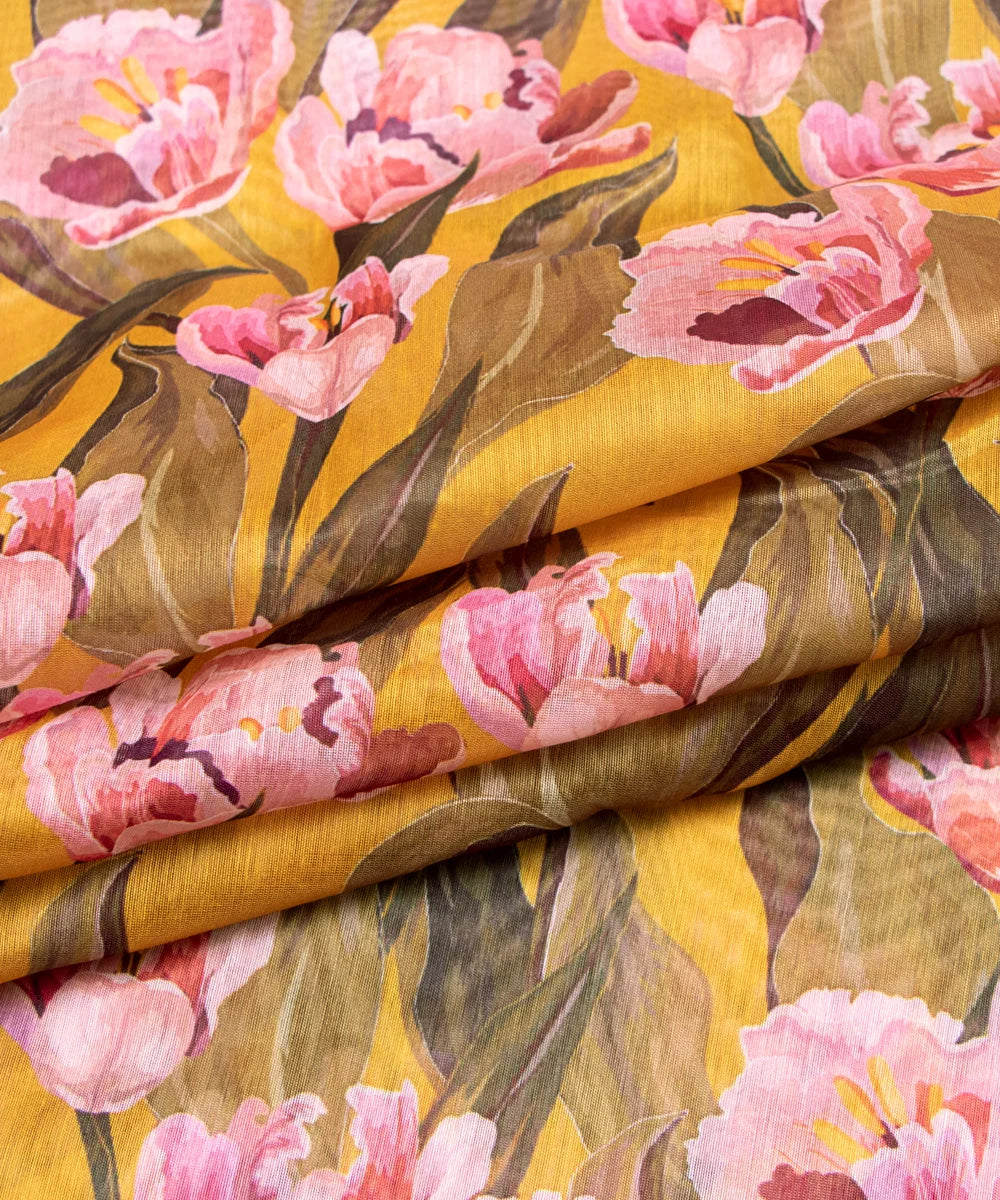 Yellow Digital Floral Printed Chanderi Fabric