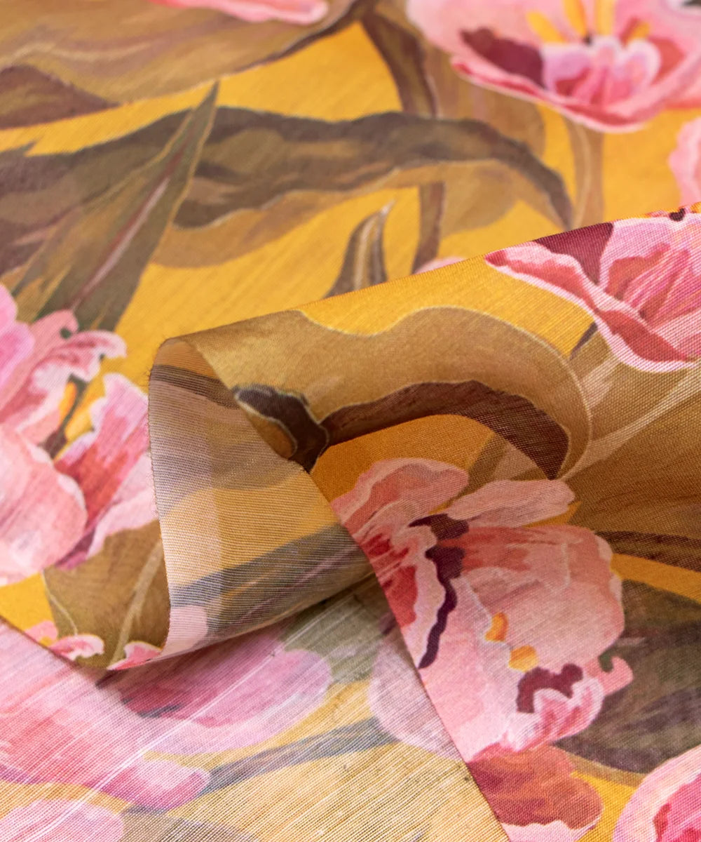 Yellow Digital Floral Printed Chanderi Fabric