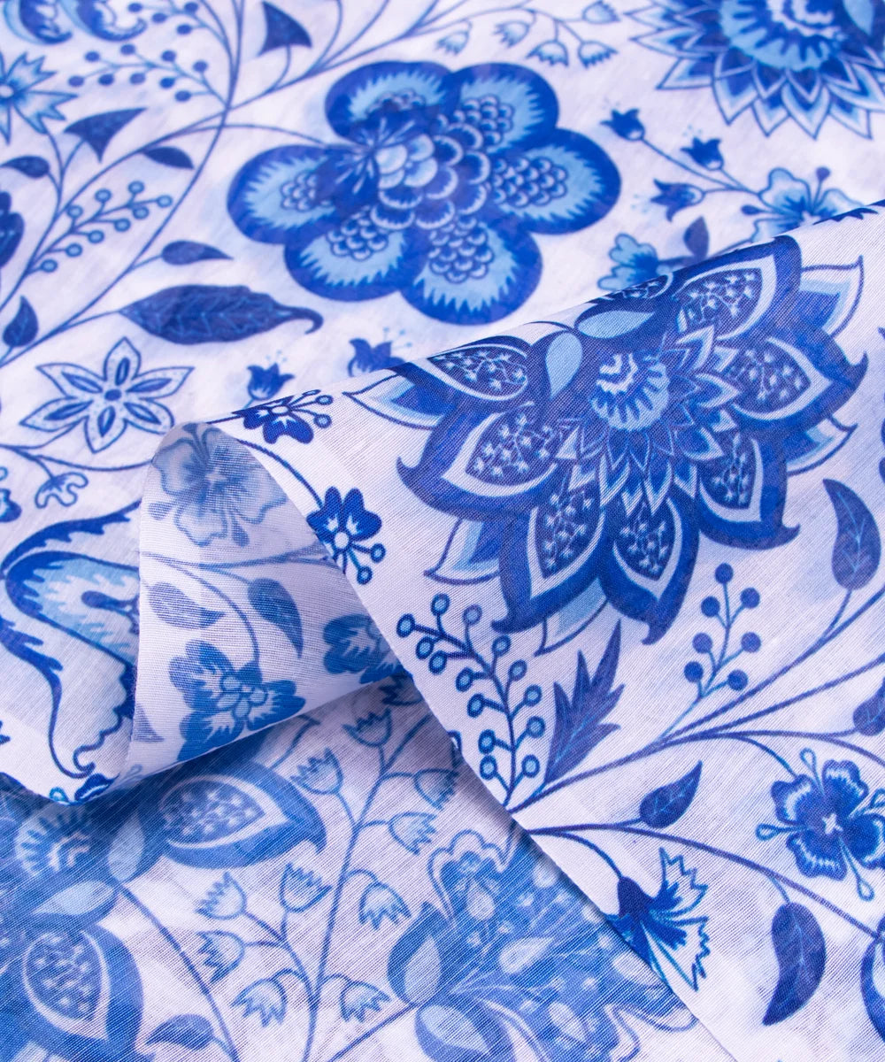 White Digital Floral Printed Chanderi Fabric