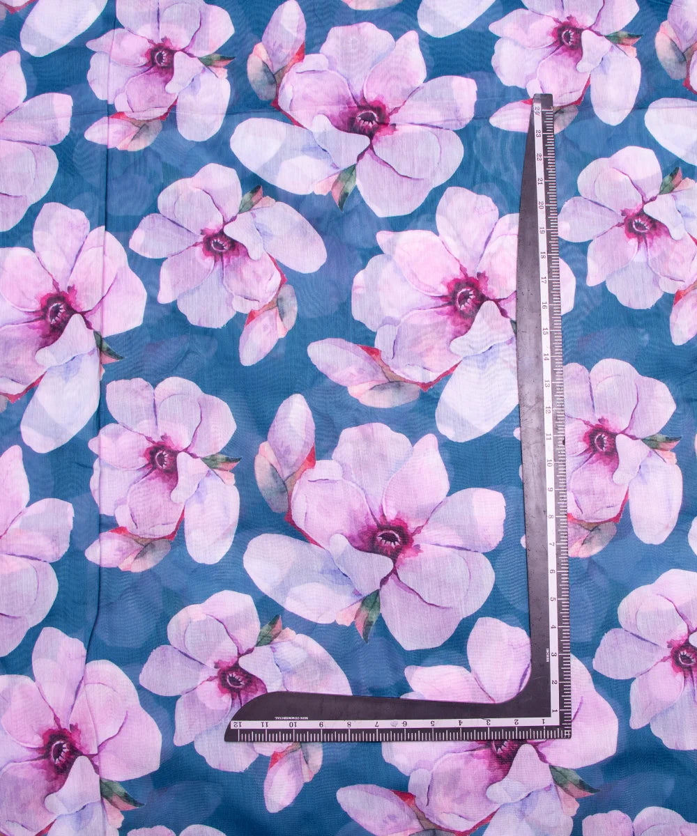 Teal Blue Digital Floral Printed Chanderi Fabric