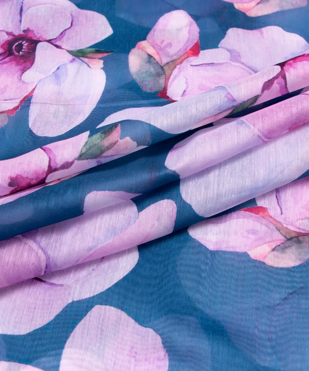 Teal Blue Digital Floral Printed Chanderi Fabric