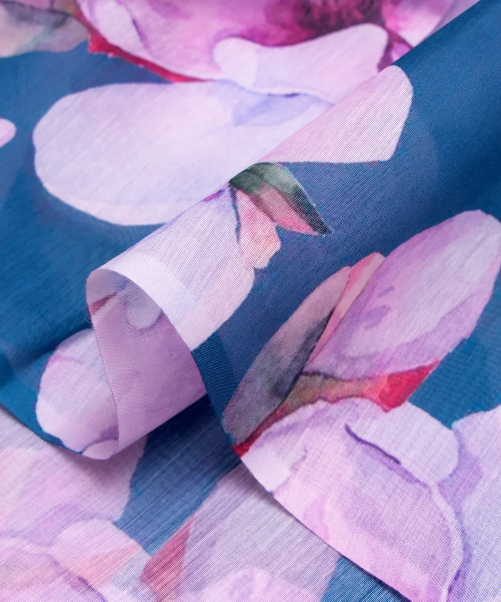 Teal Blue Digital Floral Printed Chanderi Fabric