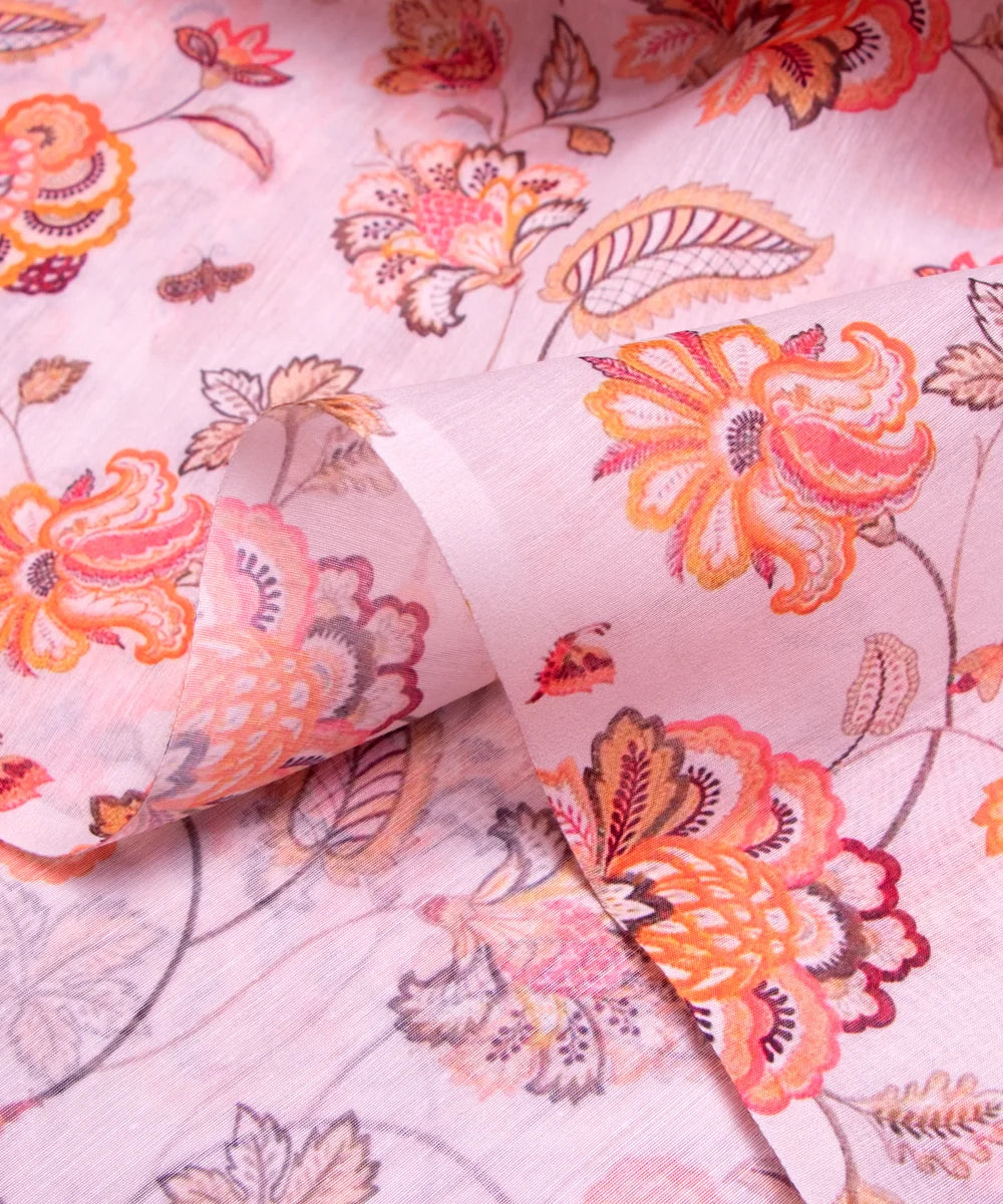 Off White Digital Floral Printed Chanderi Fabric