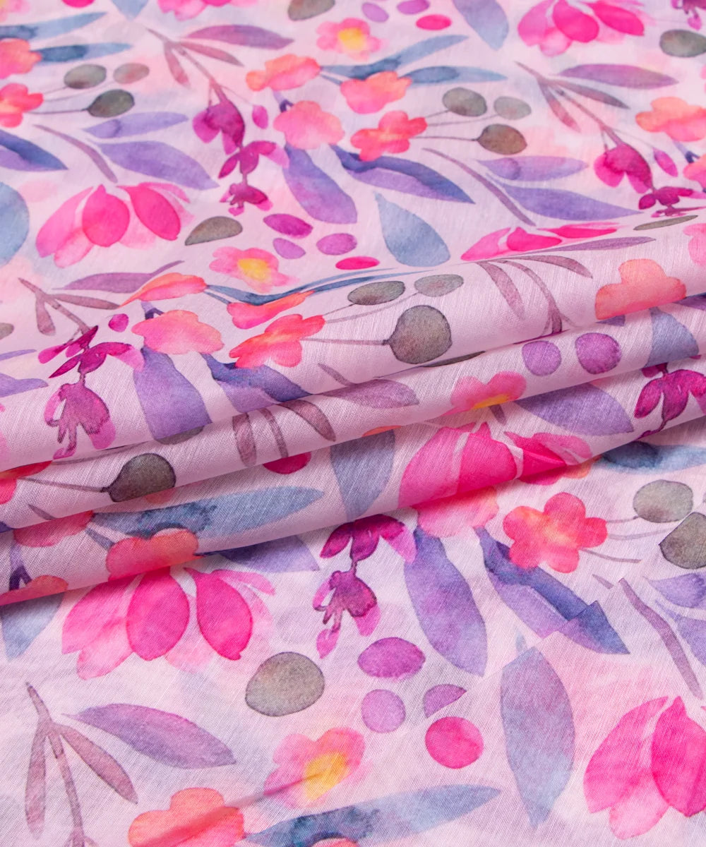 White Digital Floral Printed Chanderi Fabric