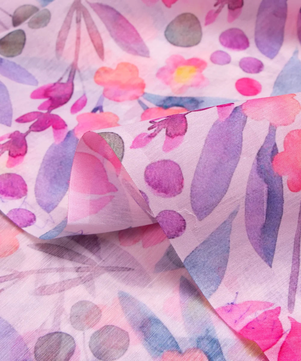 White Digital Floral Printed Chanderi Fabric