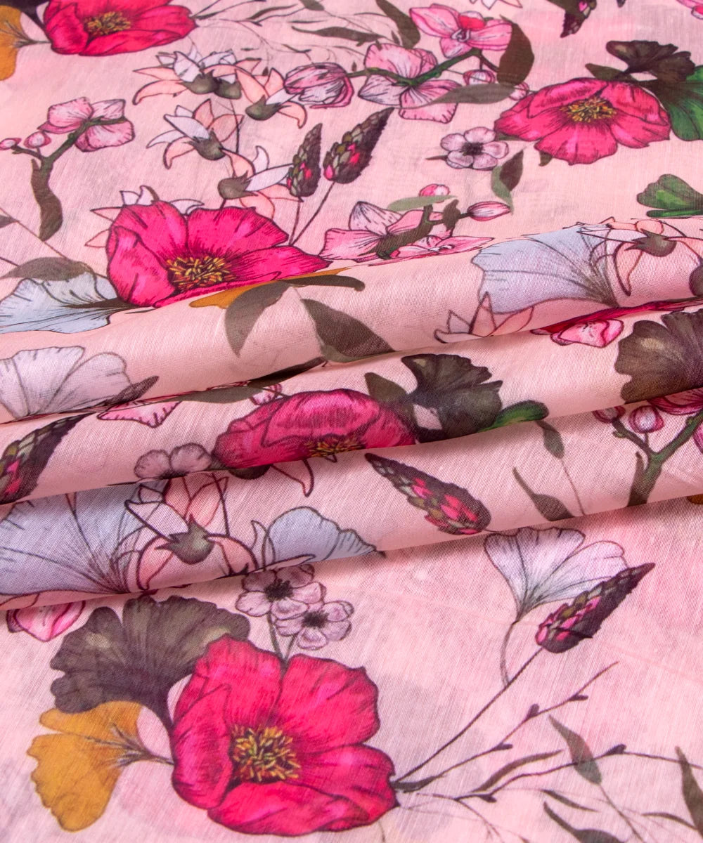 Light Peach Digital Floral Printed Chanderi Fabric