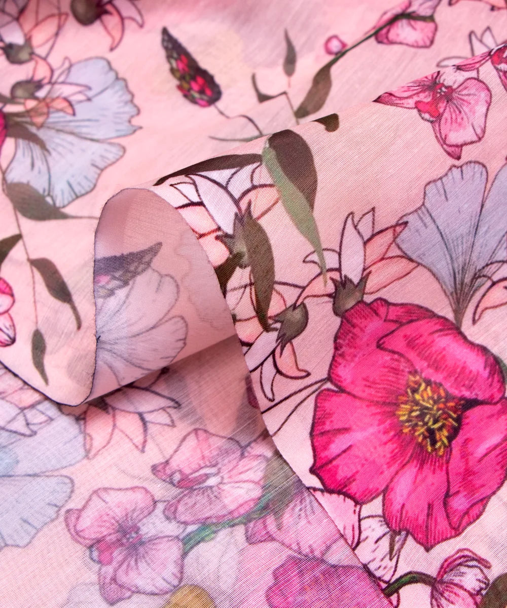 Light Peach Digital Floral Printed Chanderi Fabric