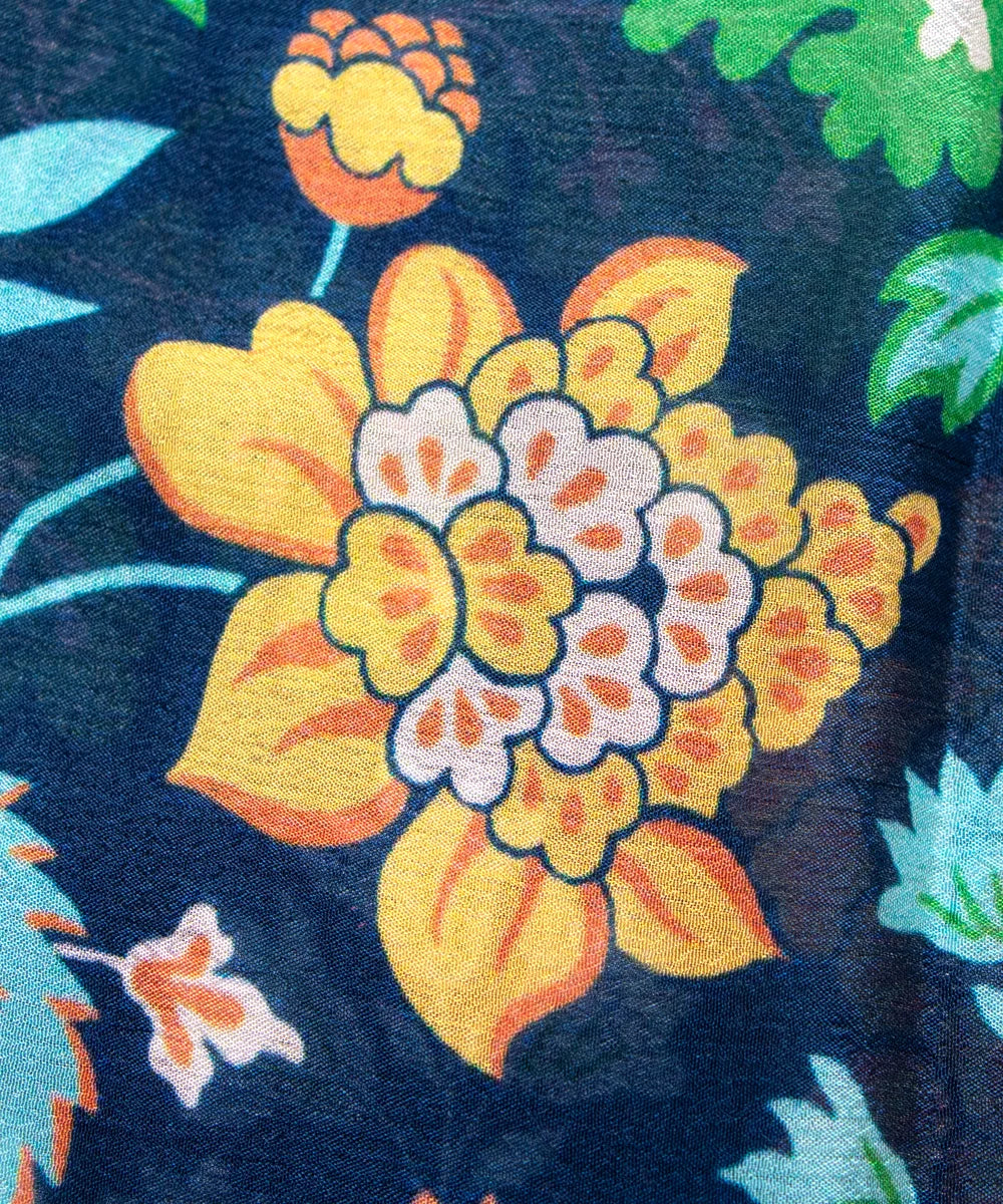 Teal Blue Floral Digital Printed Chinon Silk Fabric