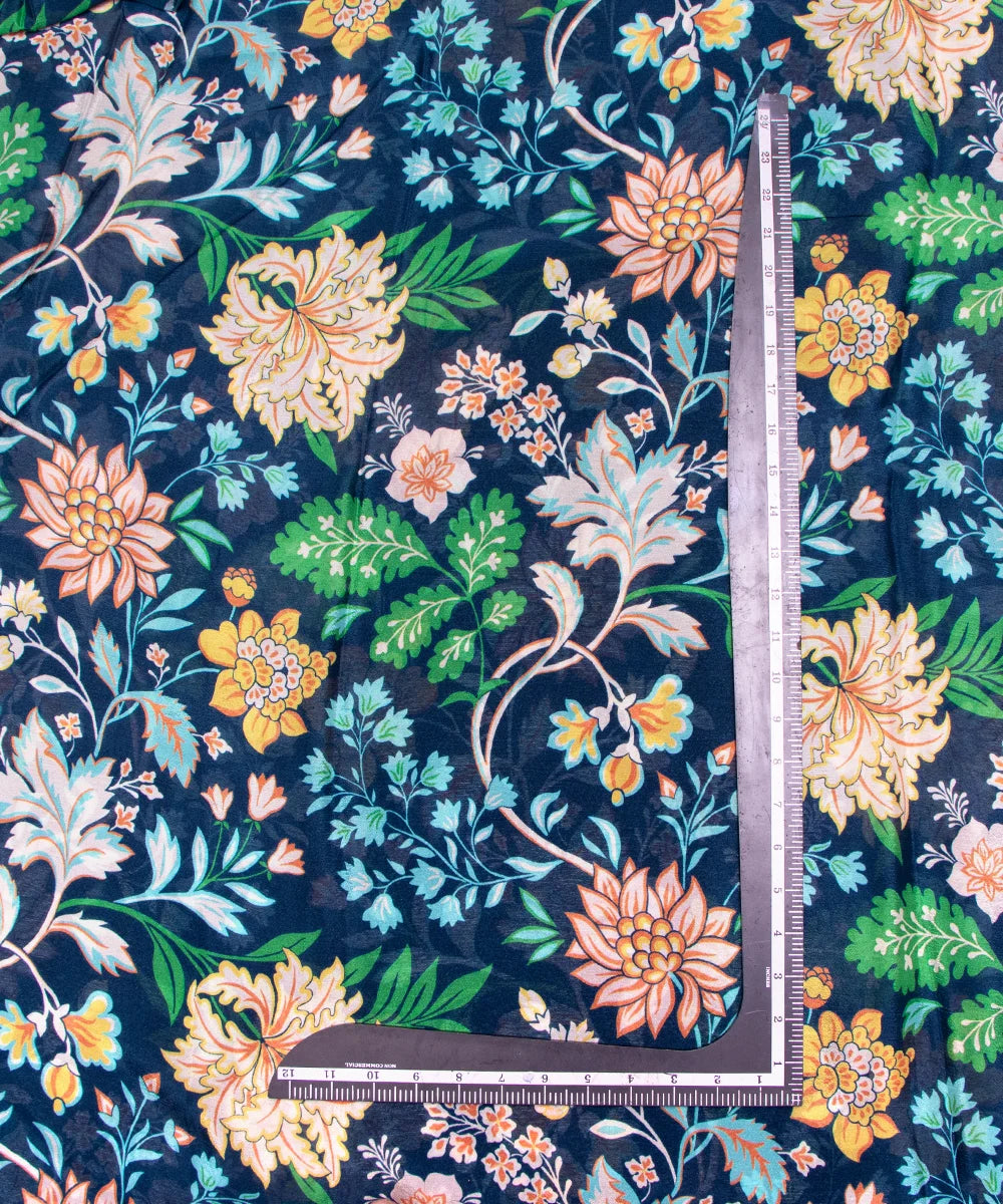 Teal Blue Floral Digital Printed Chinon Silk Fabric