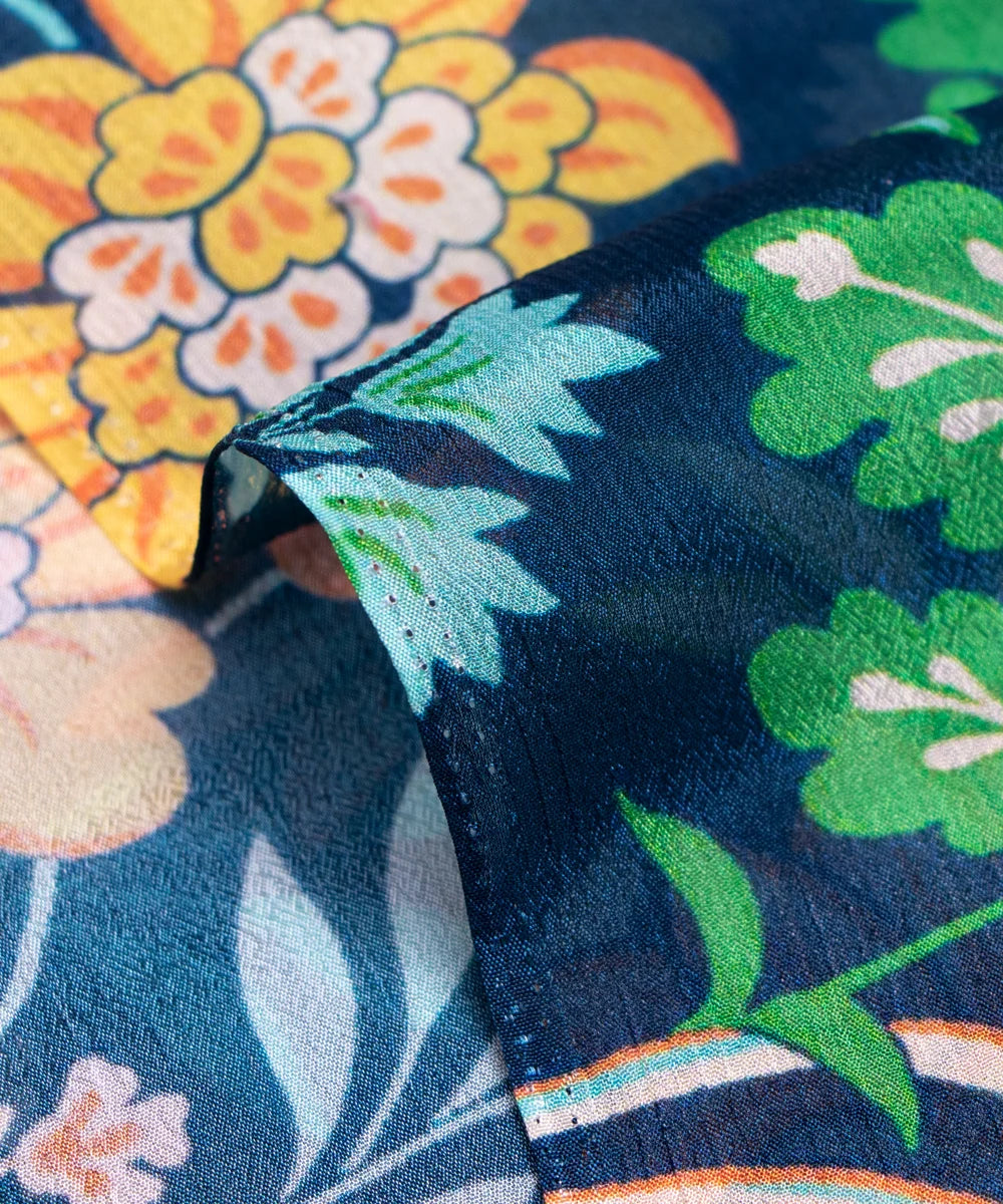 Teal Blue Floral Digital Printed Chinon Silk Fabric