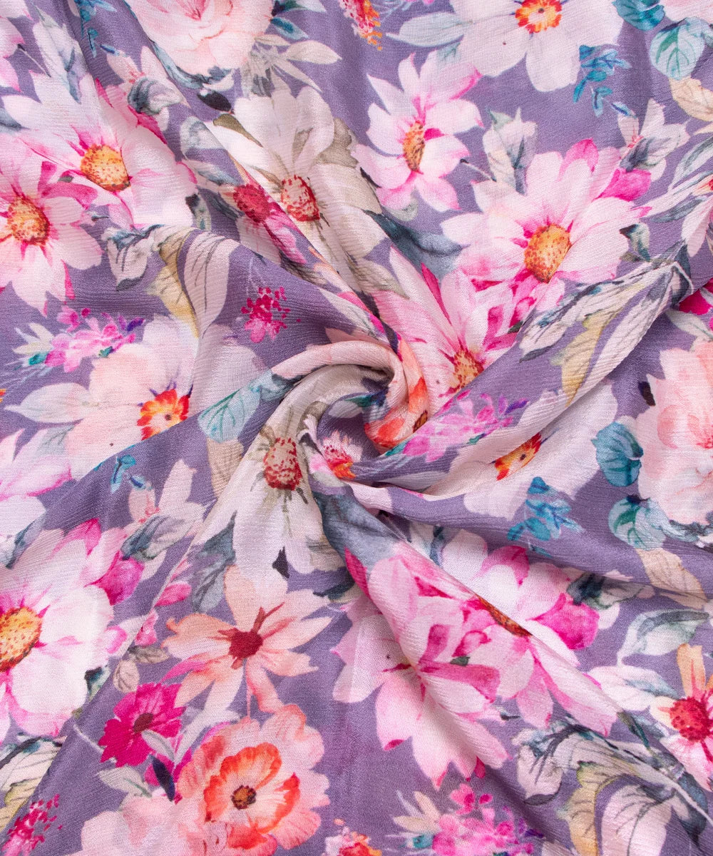 Grey Floral Digital Printed Chinon Silk Fabric