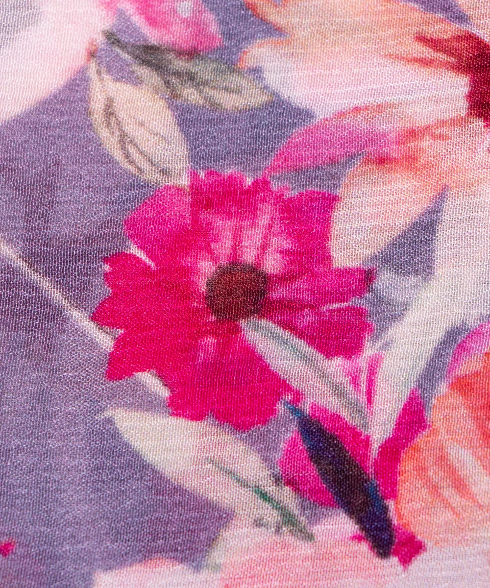 Grey Floral Digital Printed Chinon Silk Fabric