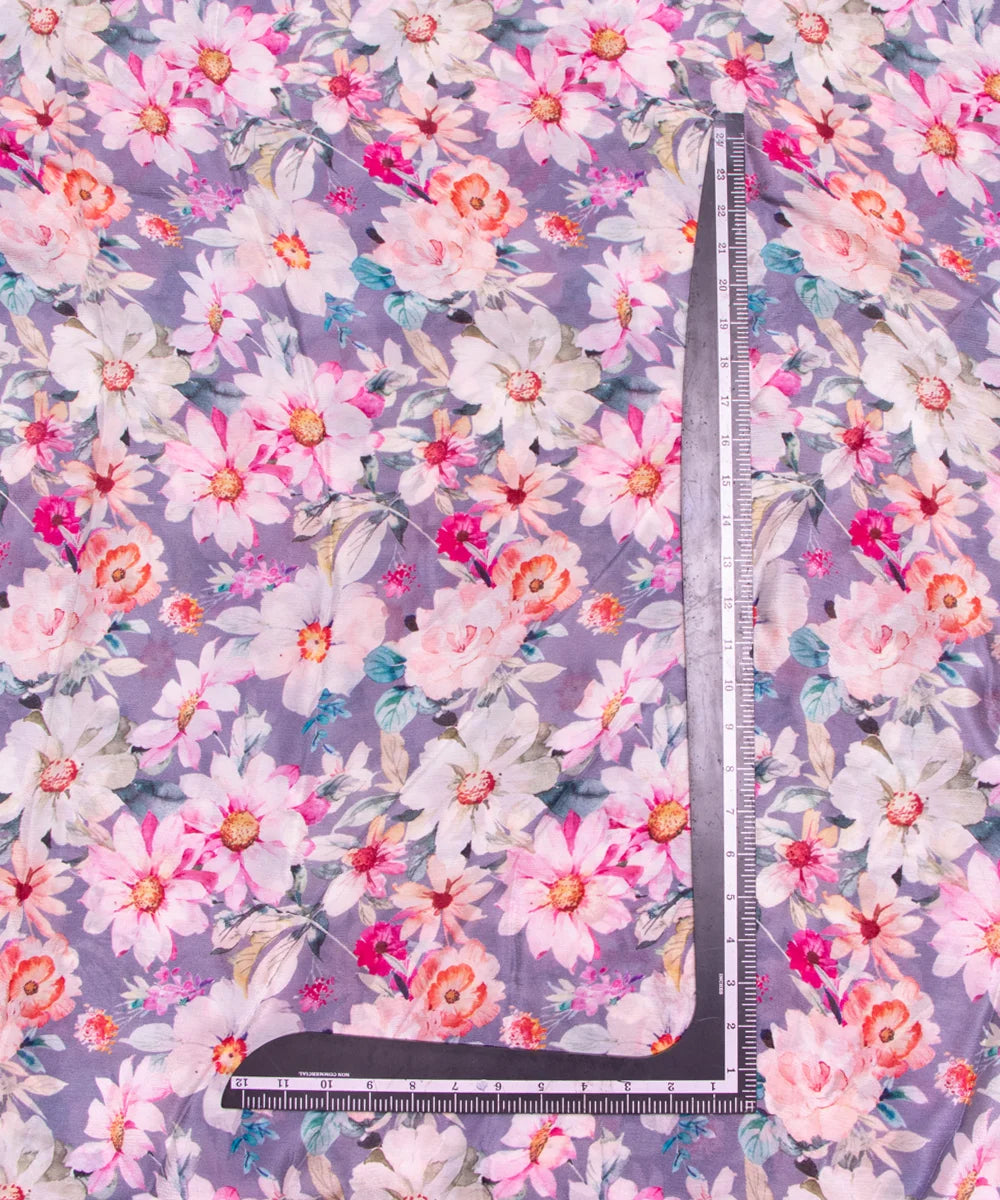Grey Floral Digital Printed Chinon Silk Fabric